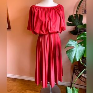 Vintage 1970s Dark Pink Midi Dress With Pleated Shirt